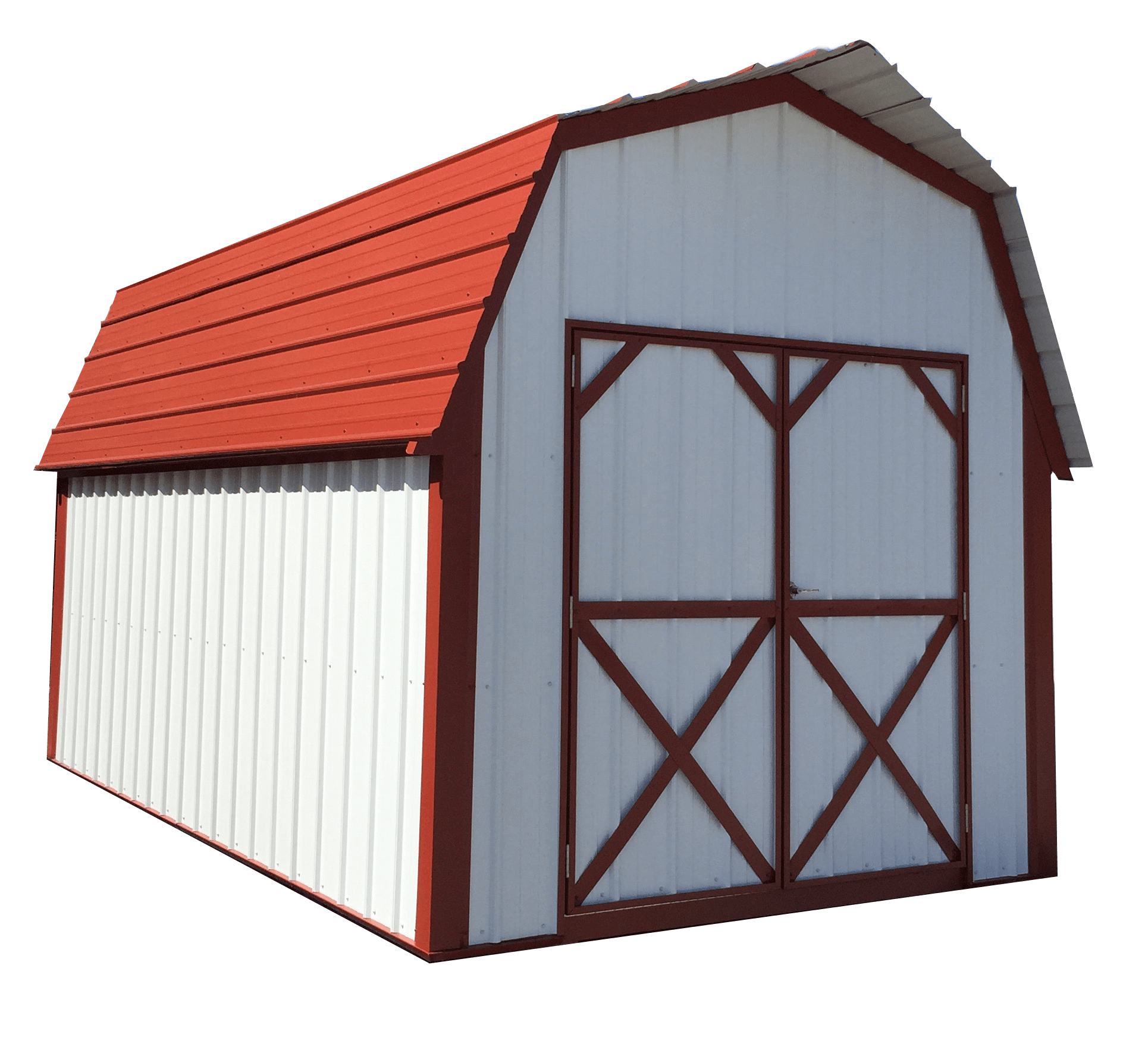 Clear white metal lofted barn with red trim and roof