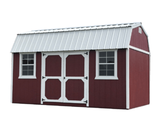 Red express barn with white trim and metal roof