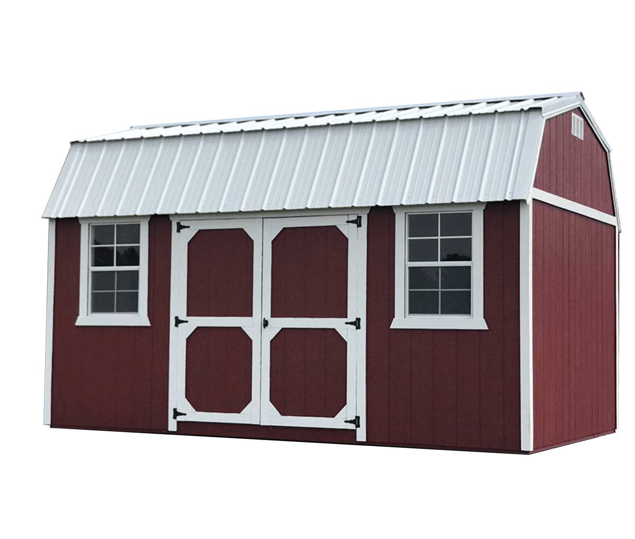 Red express barn with white trim and metal roof