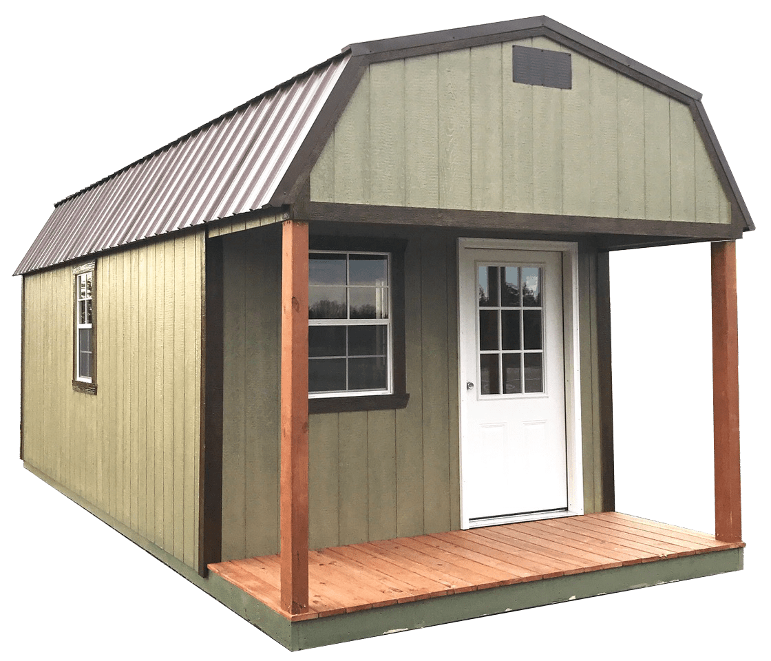 Green urethane lofted barn cabin with black trim and metal roof