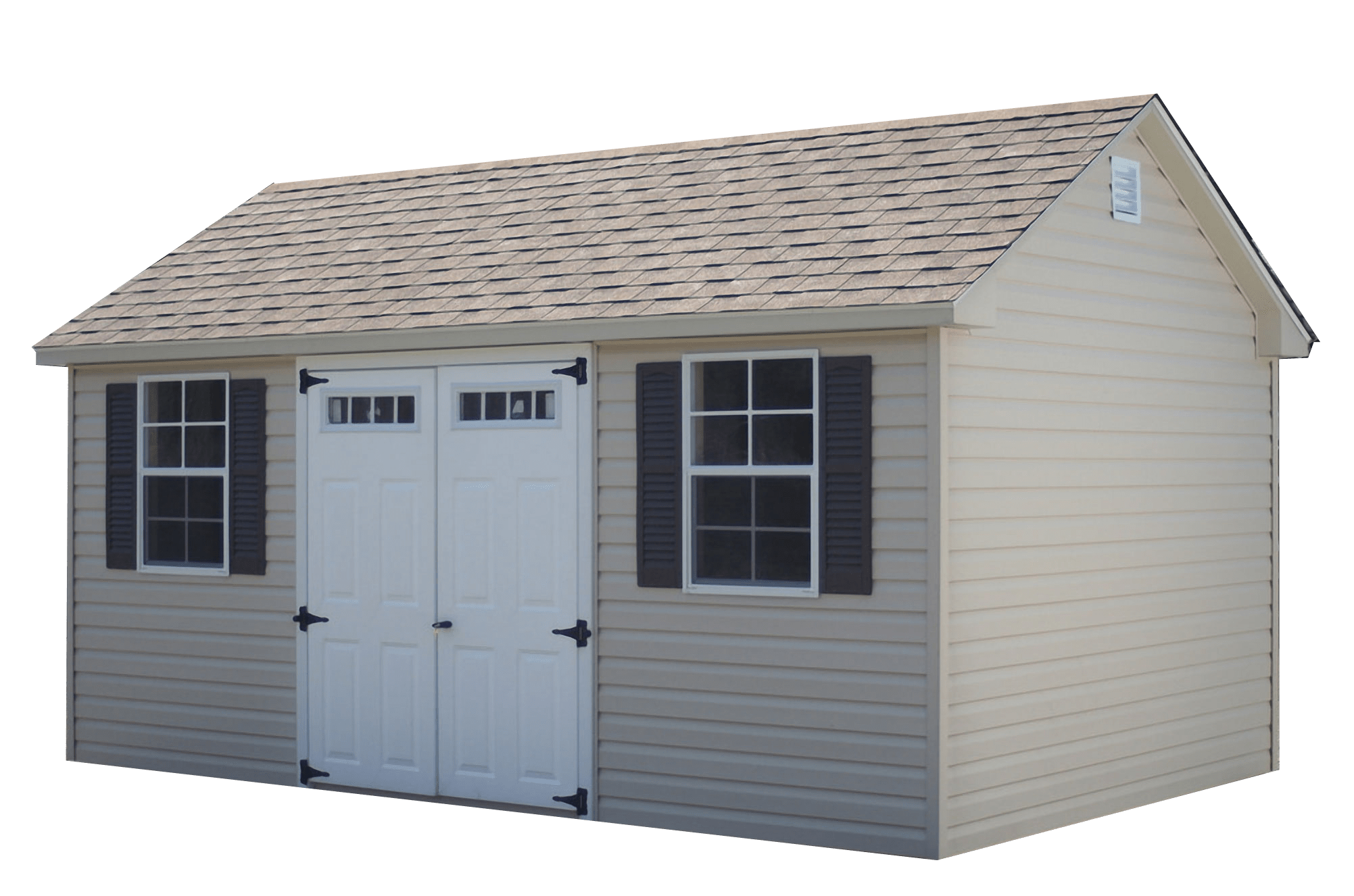 Tan vinyl shed with shingled roof
