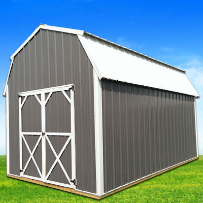Charcoal metal deluxe lofted barn with white trim